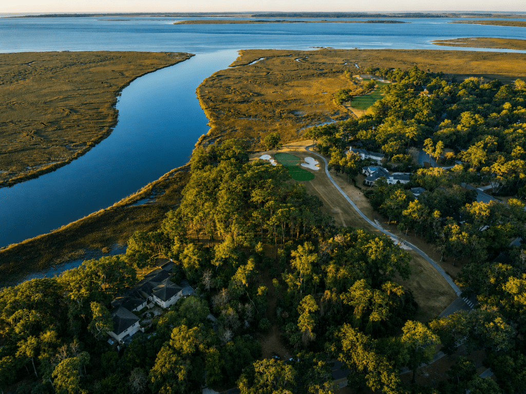 Coastal Skidaway Island Aerial View of Marshland and River in The Landings